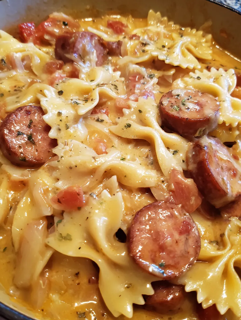 A close up of a plate of pasta with sausage.