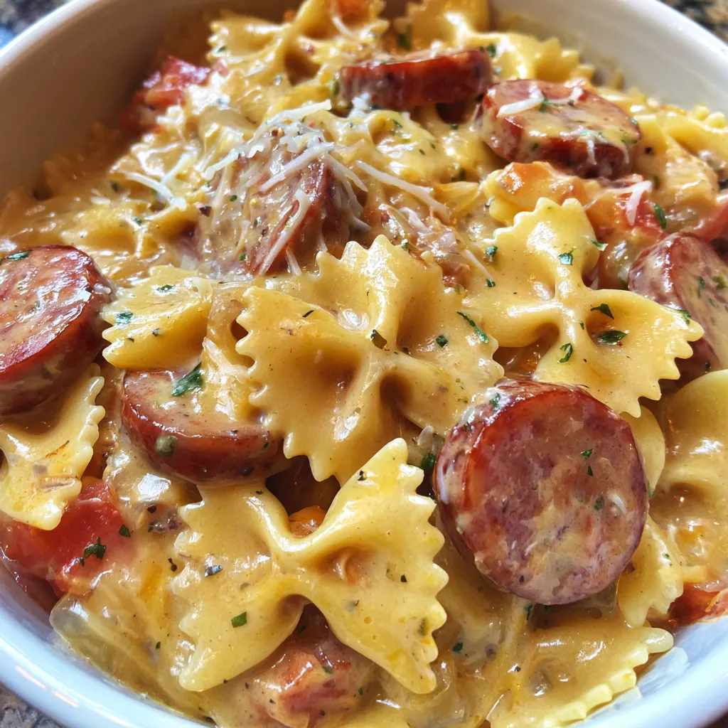 A bowl of pasta with sausage and cheese.