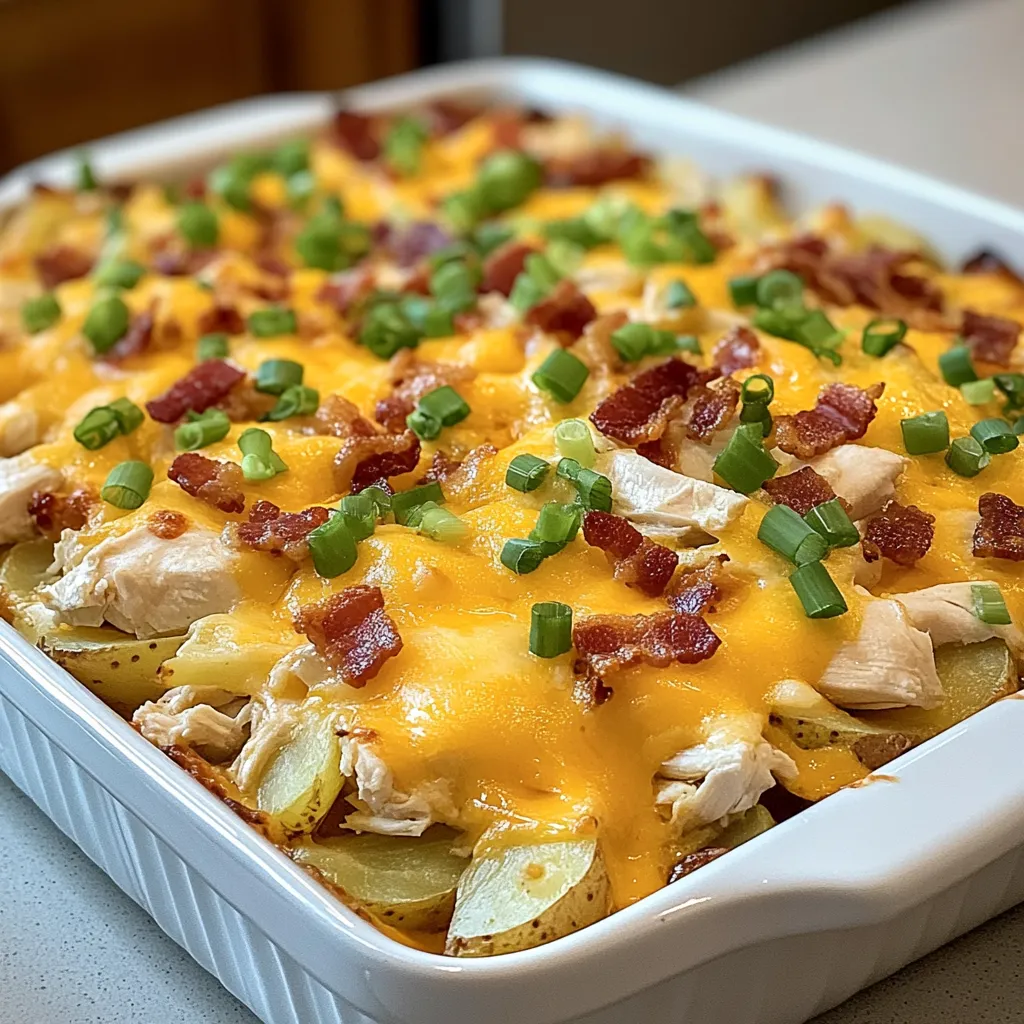 A white bowl filled with chicken and bacon.