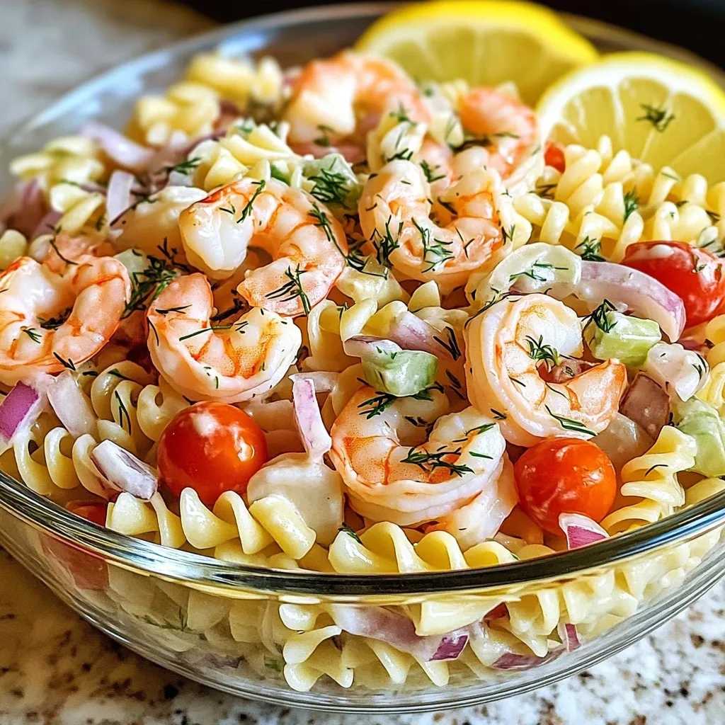 A bowl of shrimp and pasta salad.