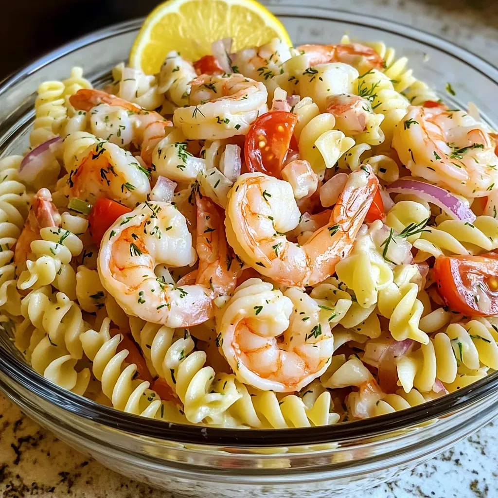 A bowl of shrimp and pasta.