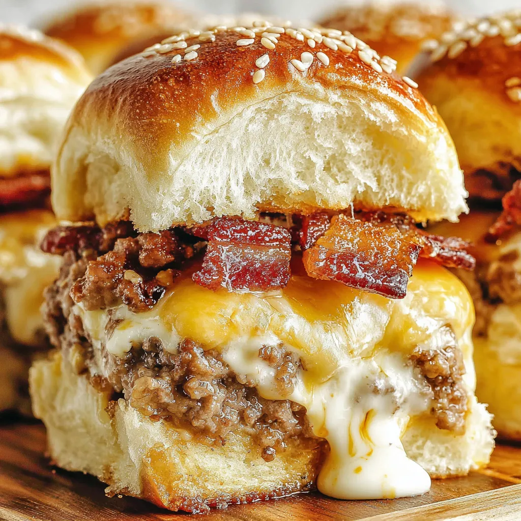 Bacon cheeseburger sliders on a wooden table.