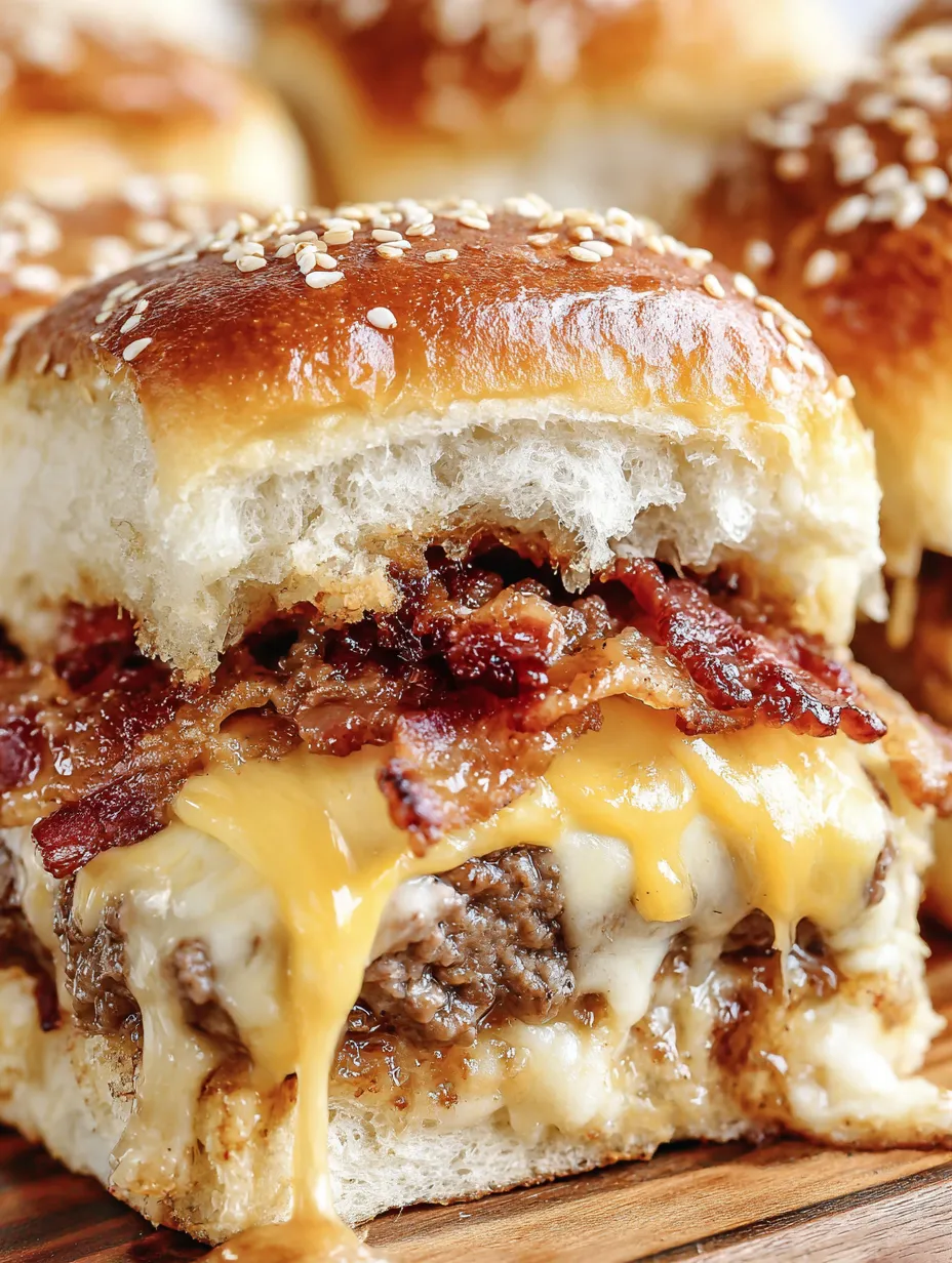 Bacon cheeseburger sliders with sesame seeds.