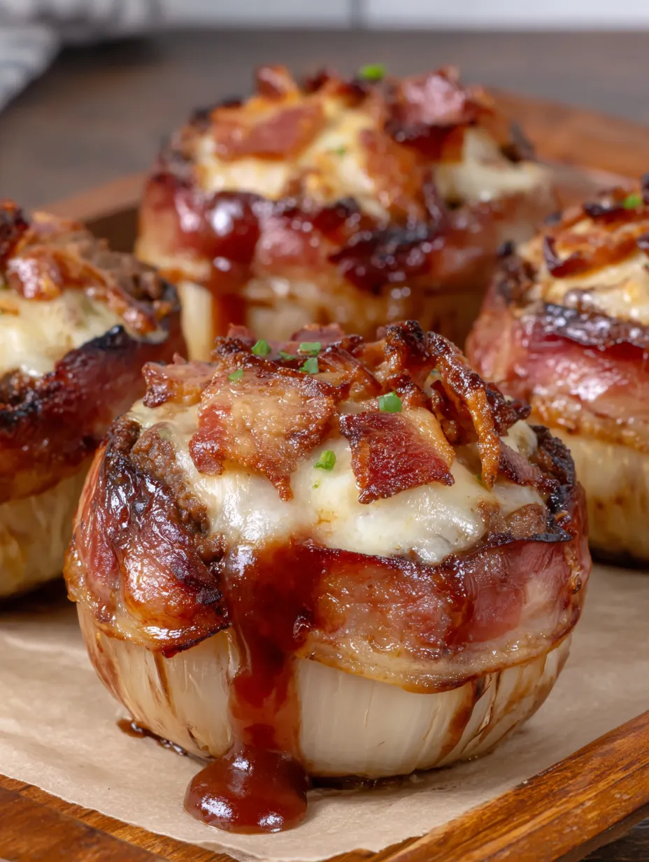 Bacon wrapped onion bombs on a wooden table.