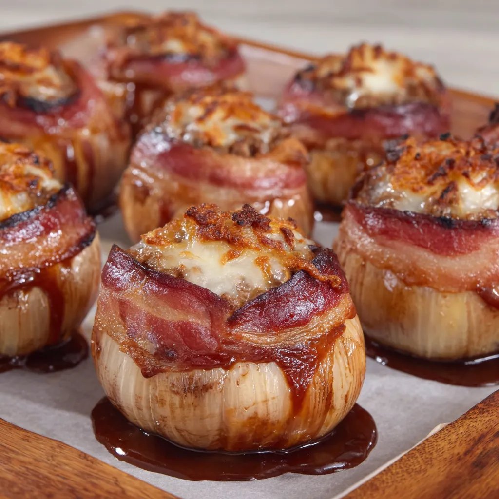 Bacon wrapped onion bombs on a wooden tray.