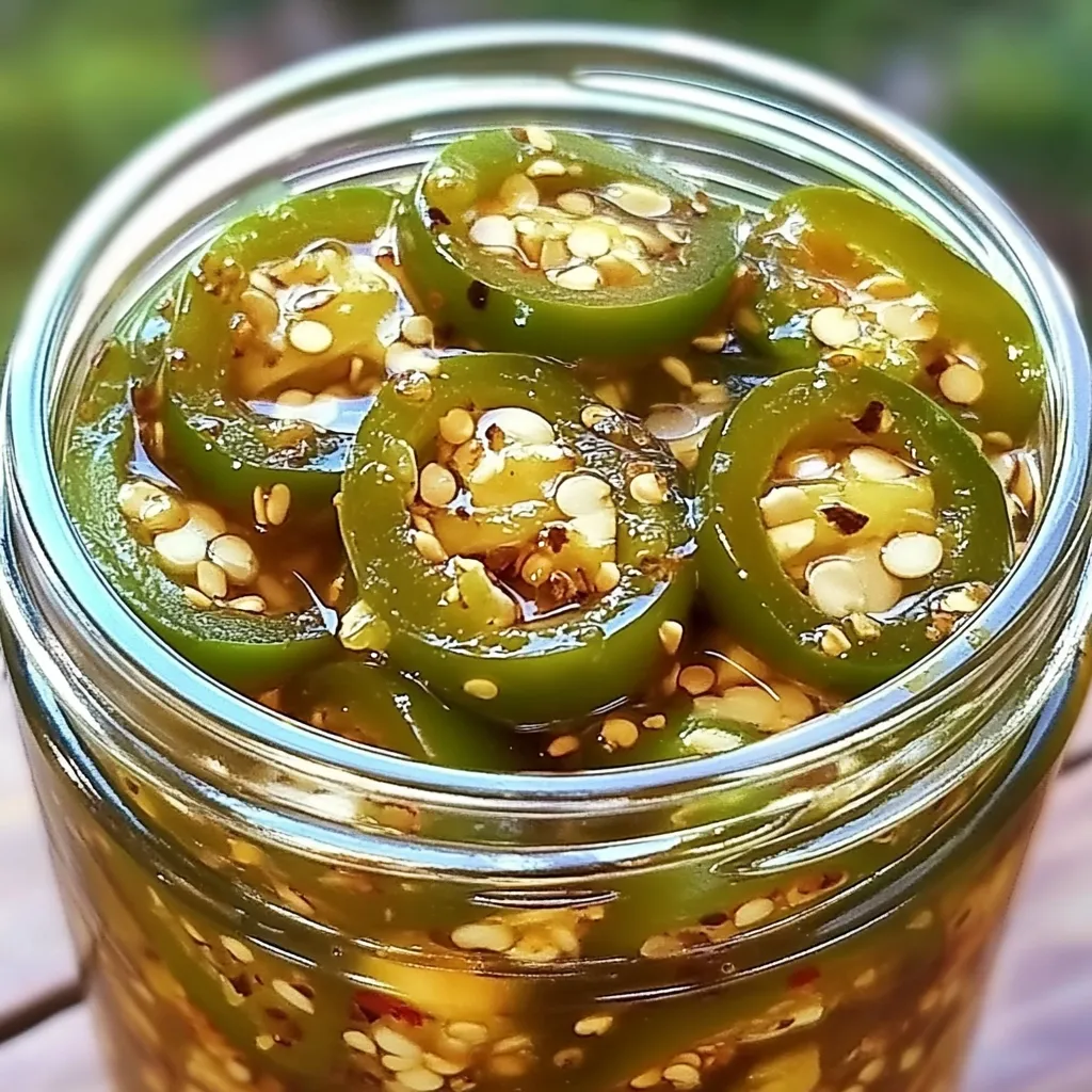 A jar of green peppers with seeds.