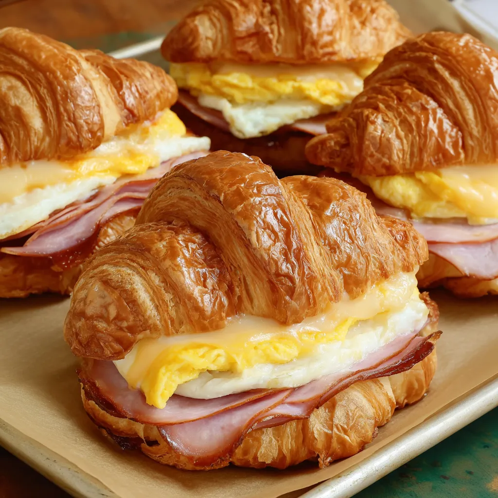 Two croissant breakfast sandwiches with eggs and ham.