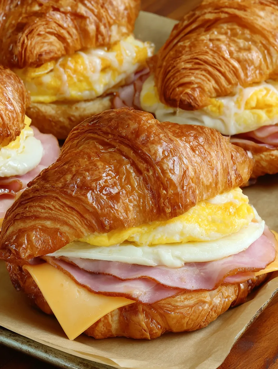 A croissant breakfast sandwich with ham and egg.