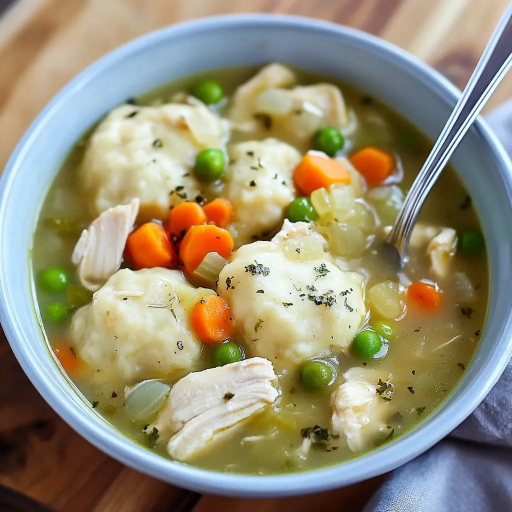 A bowl of soup with chicken and peas.