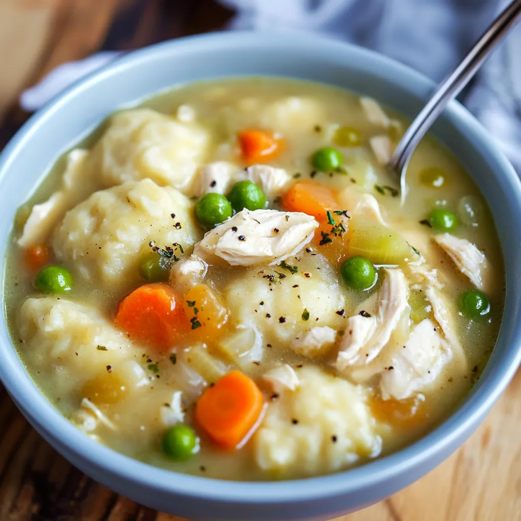 A bowl of soup with chicken, peas, and carrots.