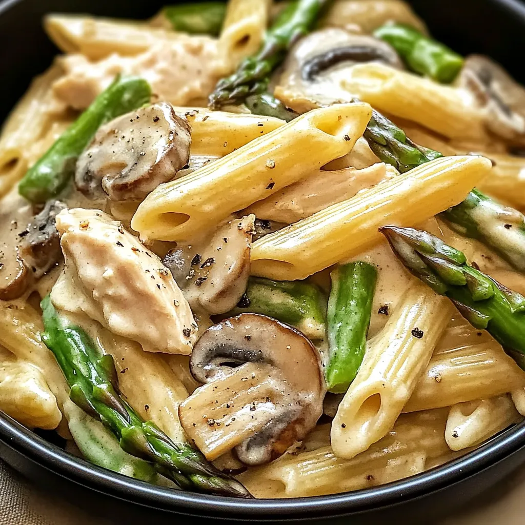 A bowl of pasta with mushrooms and asparagus.