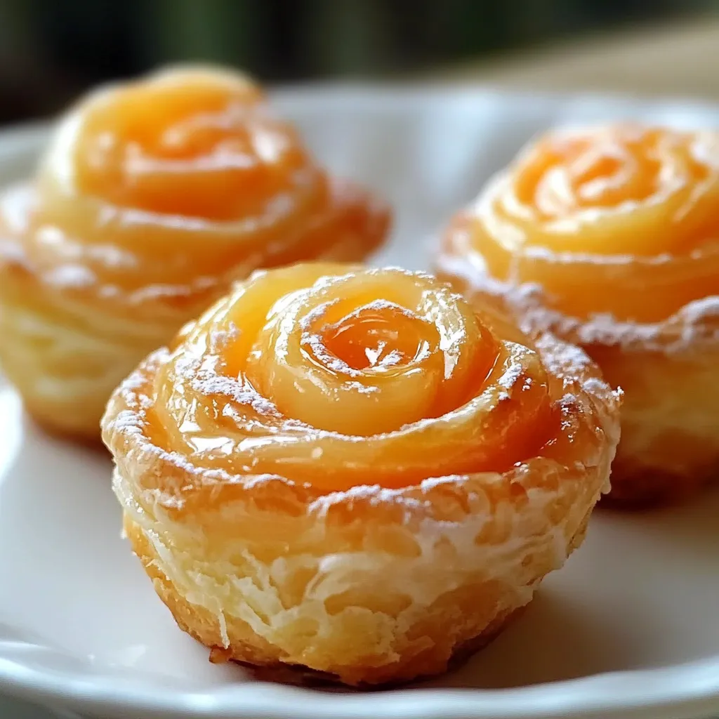 Three pastries with a rose on top.