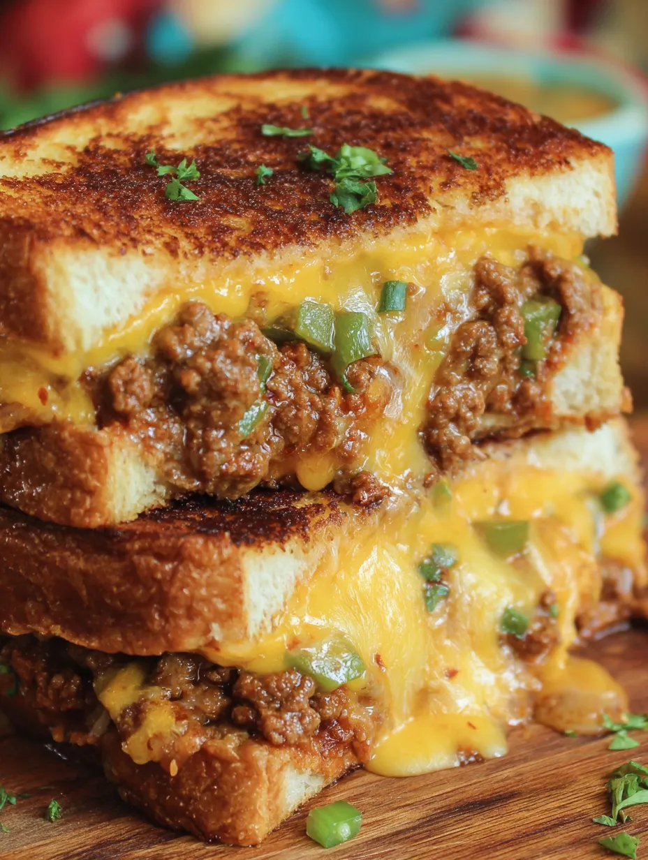 A stack of grilled cheese sandwiches with meat and peppers.