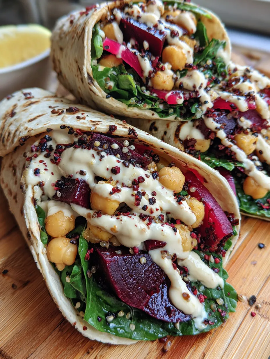 Two roasted beet and chickpea wraps with tahini-lemon sauce.