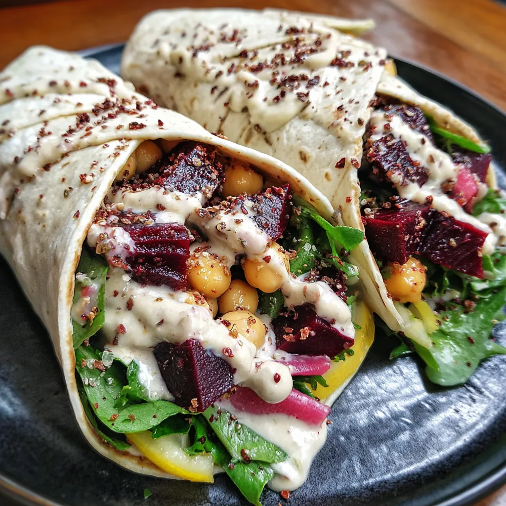 Roasted beet and chickpea wraps with tahini-lemon sauce.