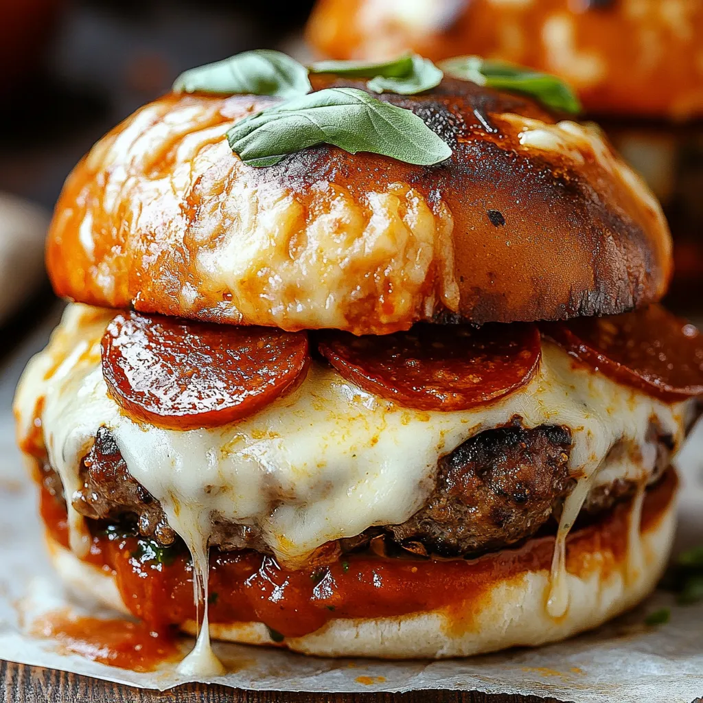 A burger with cheese and pepperoni.