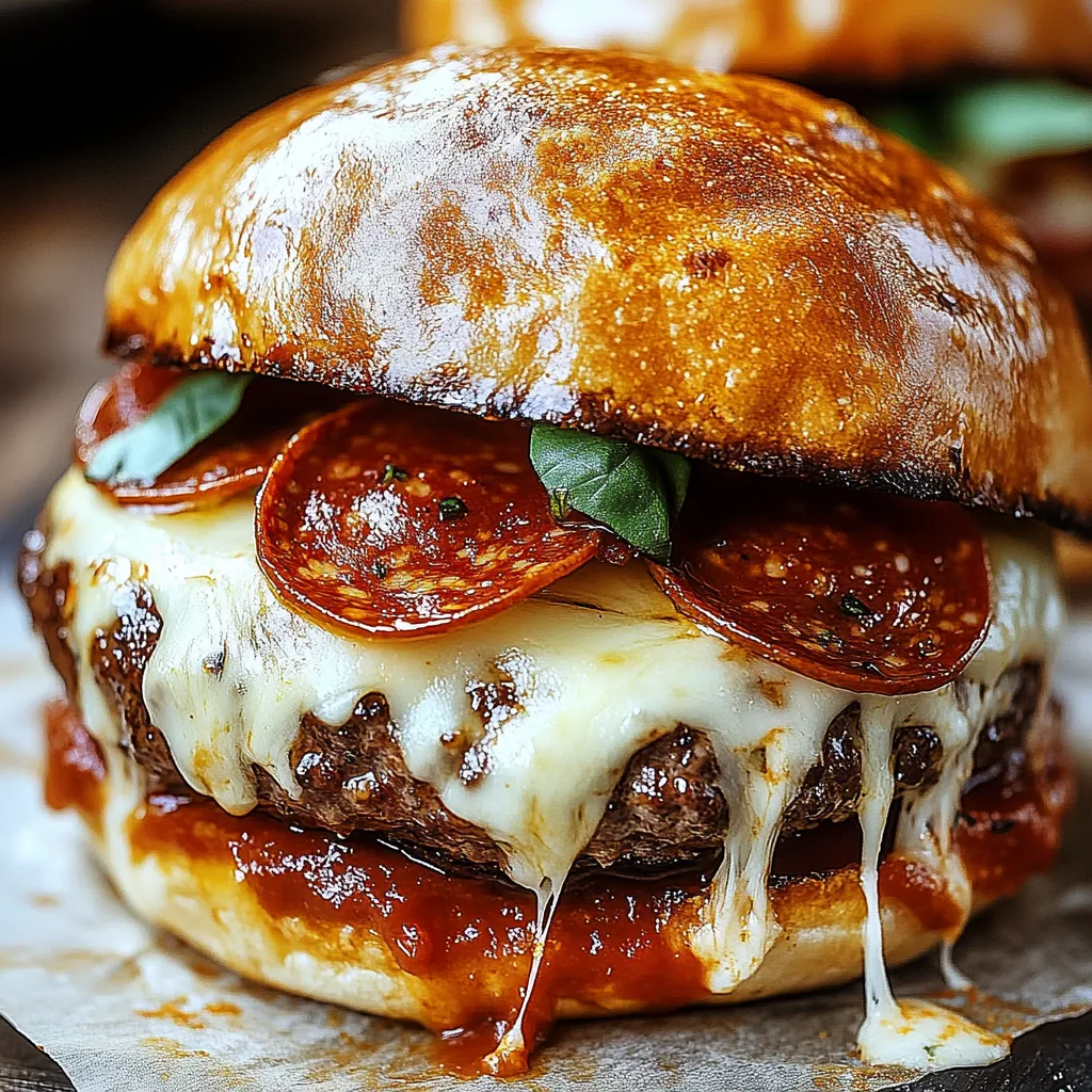 A close up of a pepperoni and cheese burger.