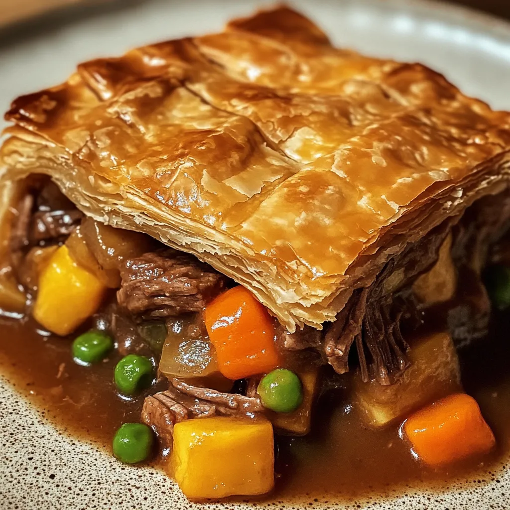 A pastry with meat and vegetables on a plate.