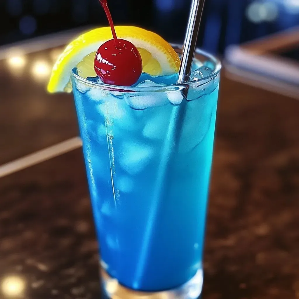 A blue drink with a cherry and lemon slice.