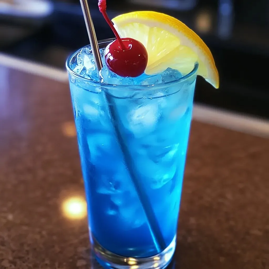 A blue drink with a cherry and lemon slice.