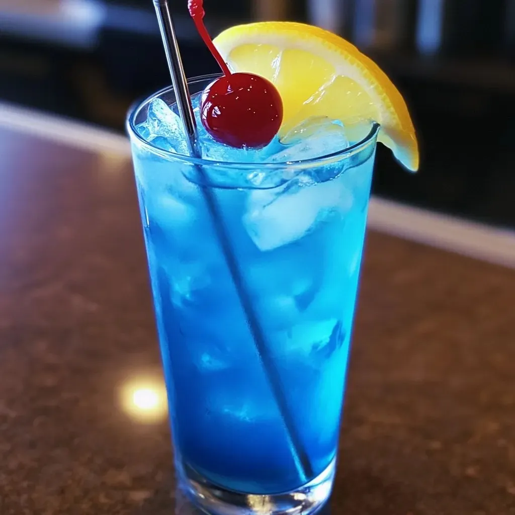 A blue drink with a cherry and lemon in it.