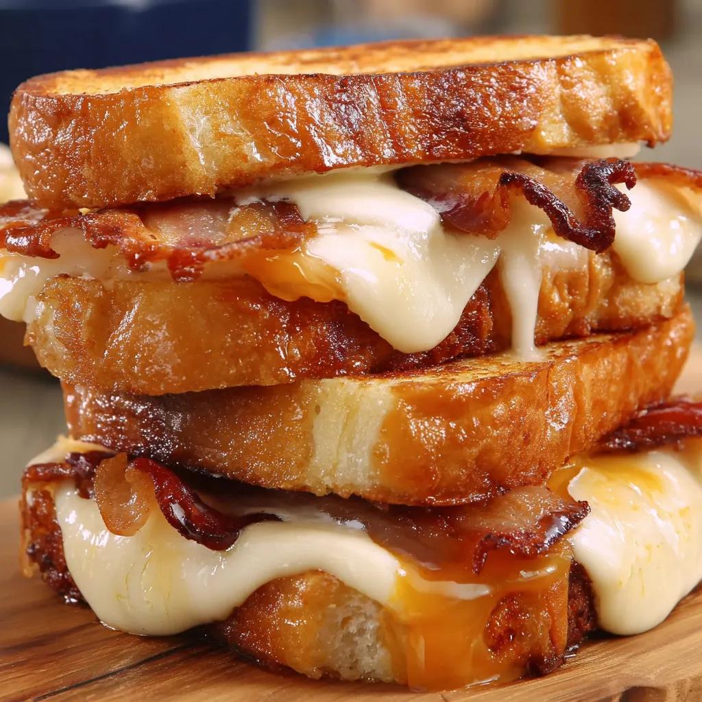 A stack of three grilled cheese sandwiches.