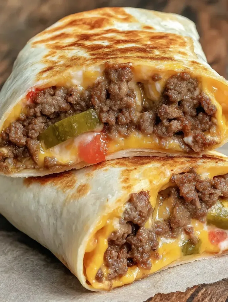 A cheeseburger wrap with peppers and onions.