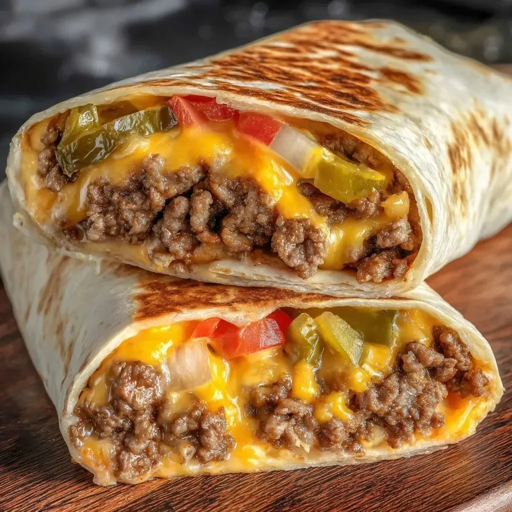 A cheeseburger wrap with tomatoes and jalapenos.
