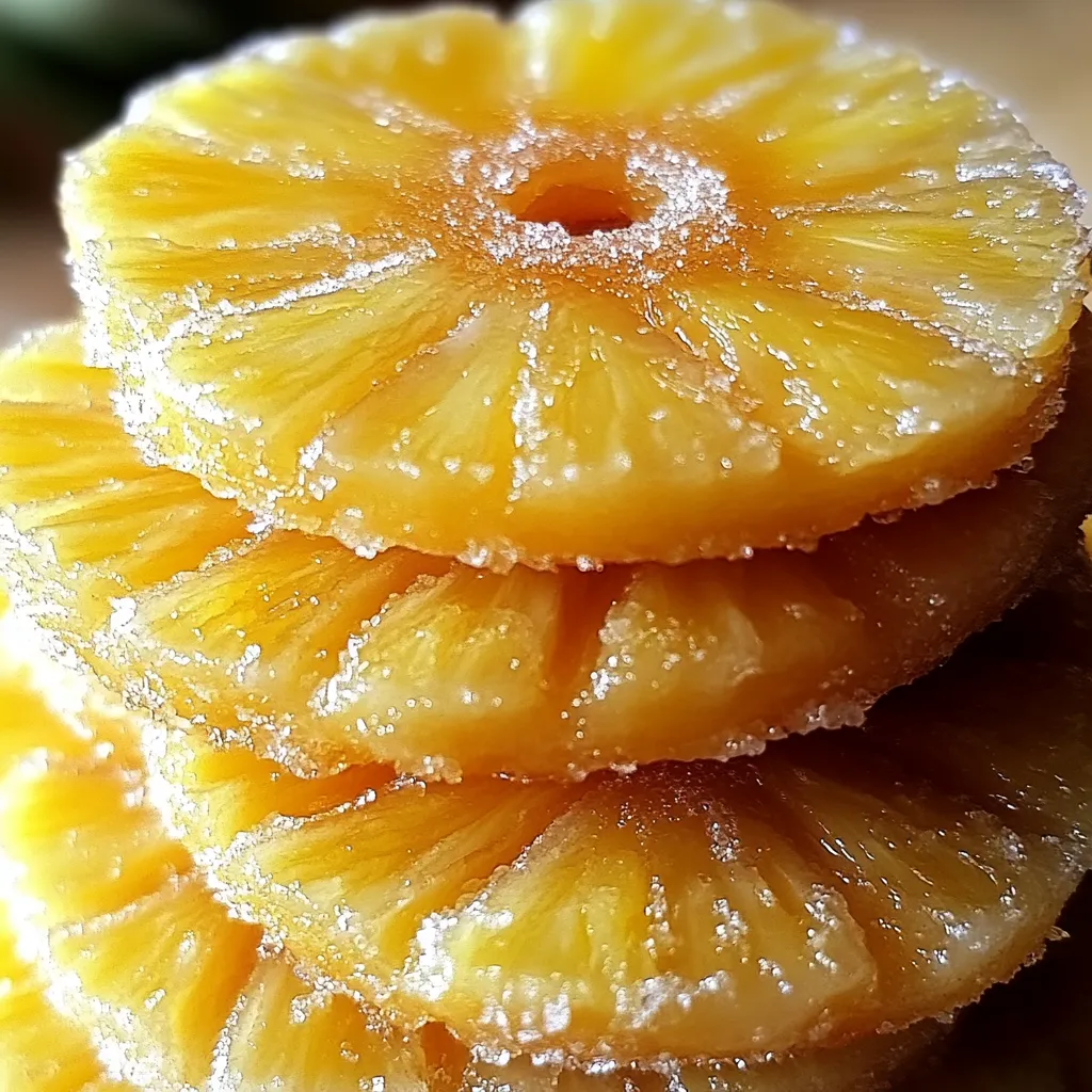 A stack of pineapple slices with sugar on top.