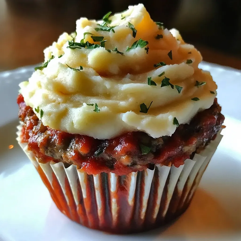 A cupcake with mashed potatoes and meat on top.