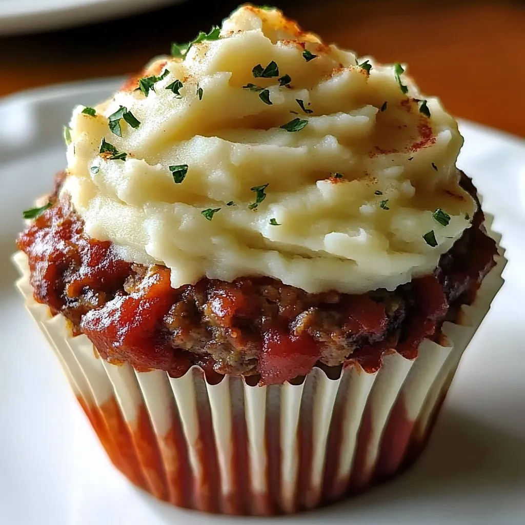 A cupcake with meat and potatoes on top.