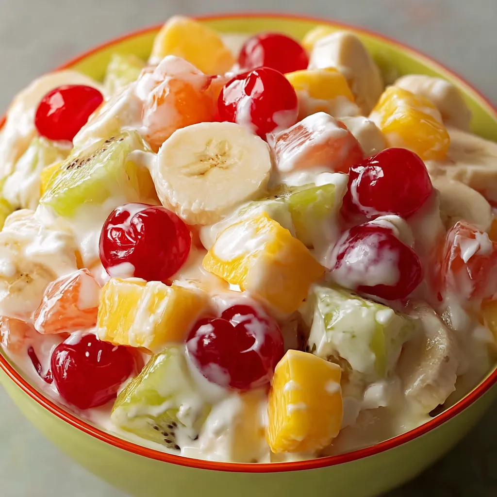 A bowl of fruit salad with bananas, strawberries, and kiwi.