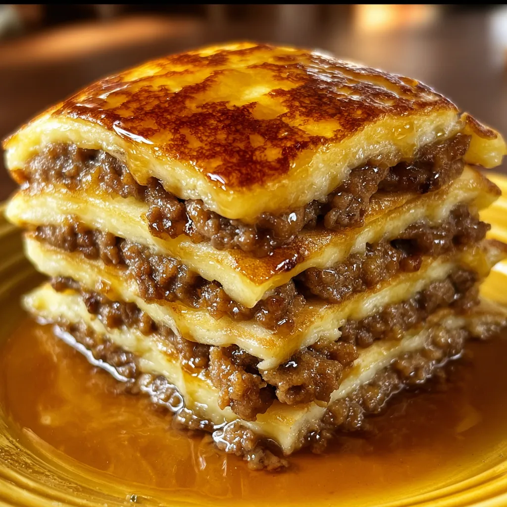 A stack of meat patties with a syrup sauce.