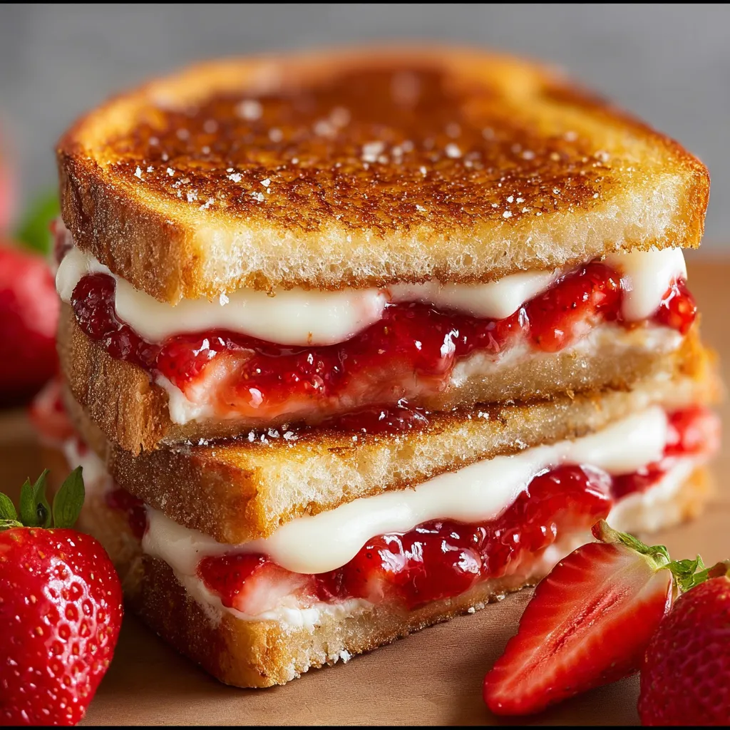A stack of three sandwiches with strawberries on top.