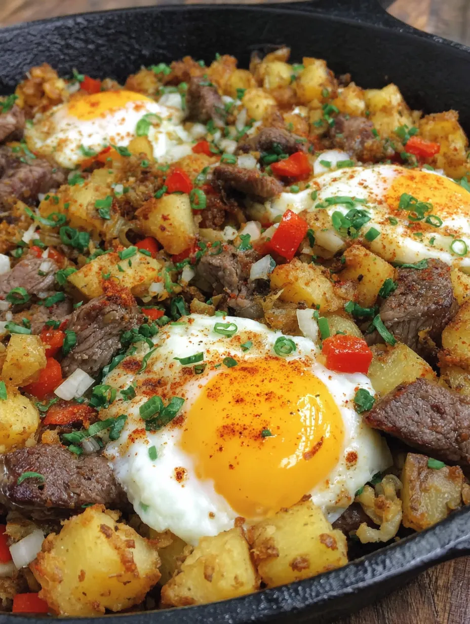 A close up of a steak and potato breakfast hash.