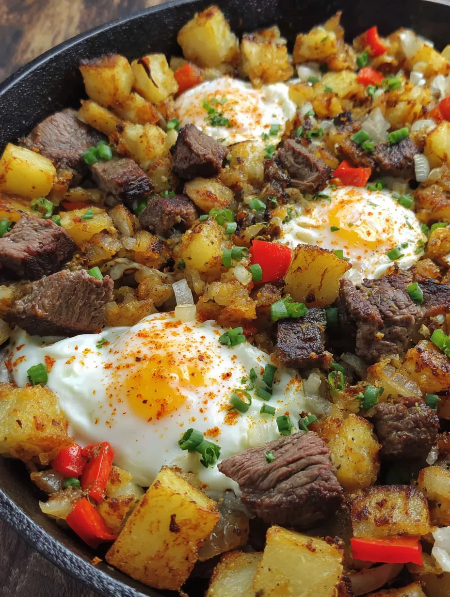 A delicious steak and potato breakfast hash.
