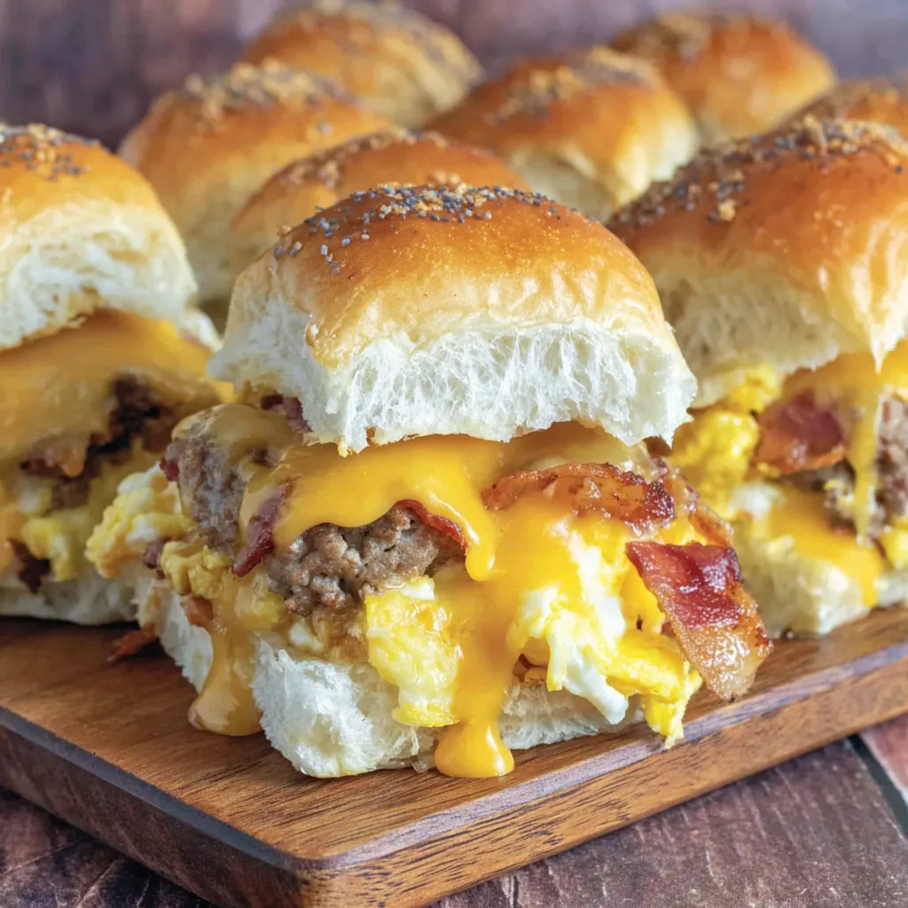 Breakfast sliders with cheese and bacon.