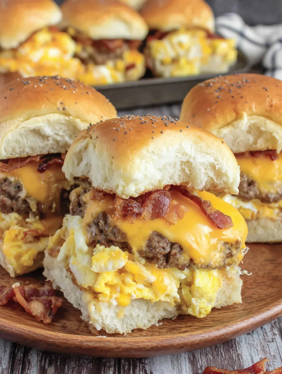 Two breakfast sliders with bacon and egg.