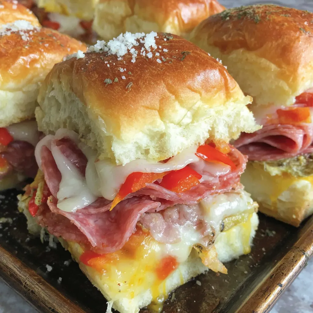 Hot Italian sliders with cheese and peppers.