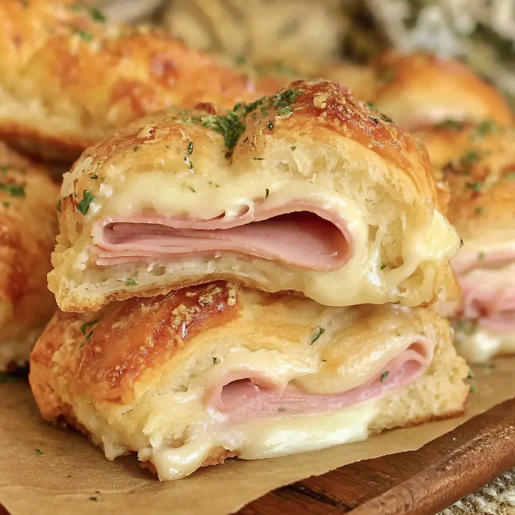 Hot ham and cheese crescent roll sandwiches.