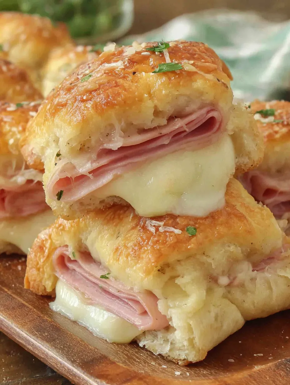Hot ham and cheese crescent roll sandwiches.