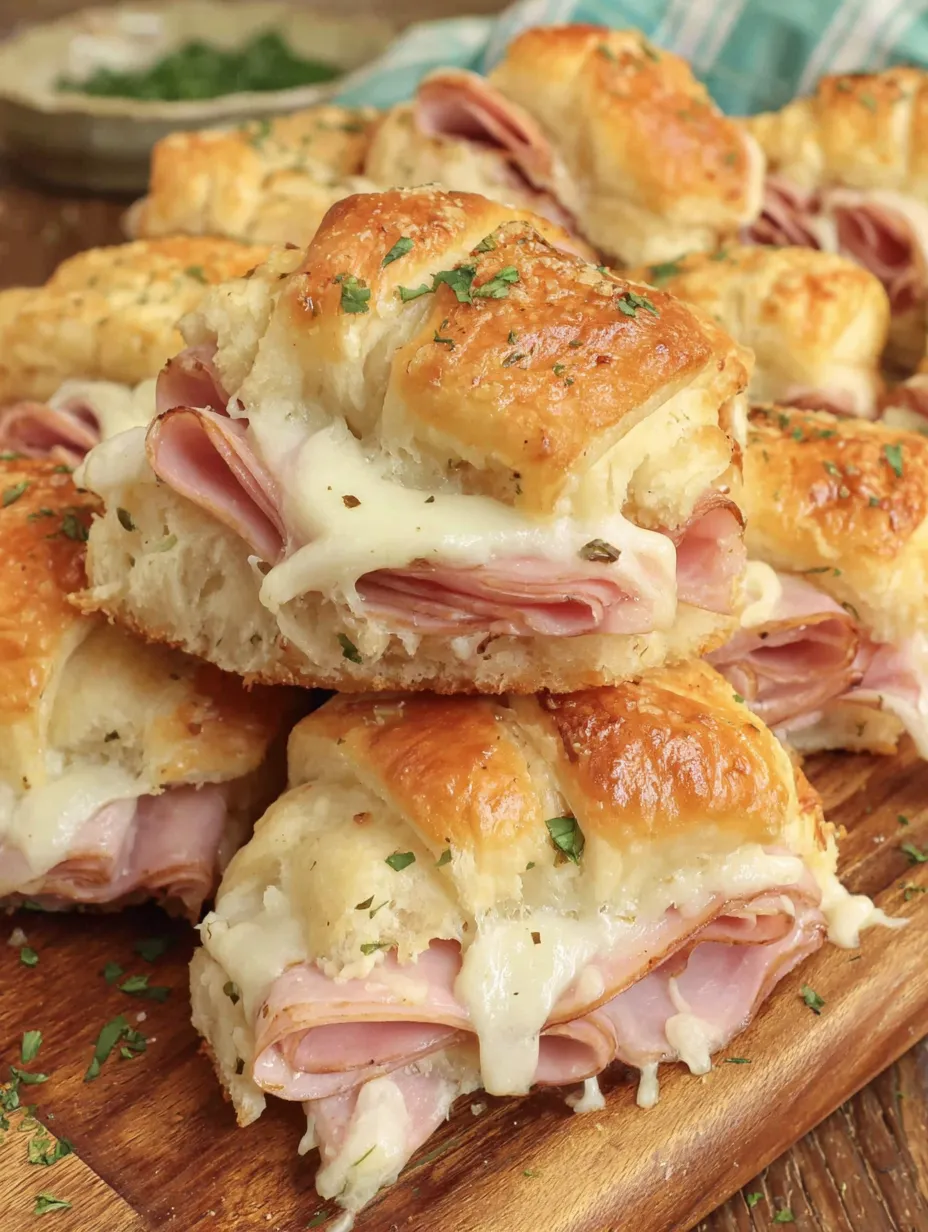 A stack of ham and cheese crescent roll sandwiches.