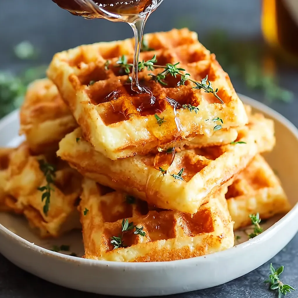 A stack of waffles with syrup drizzled on top.