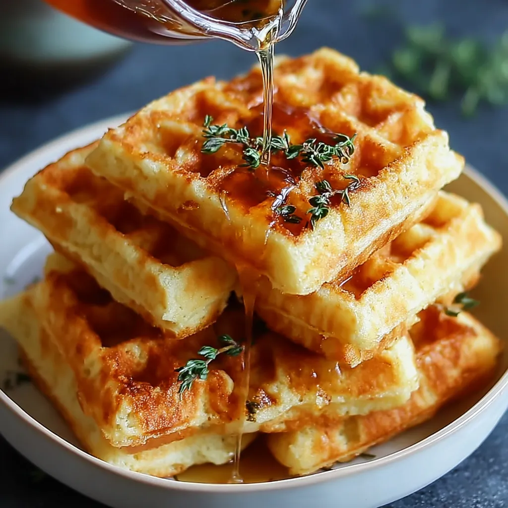 A stack of waffles with syrup drizzled on top.