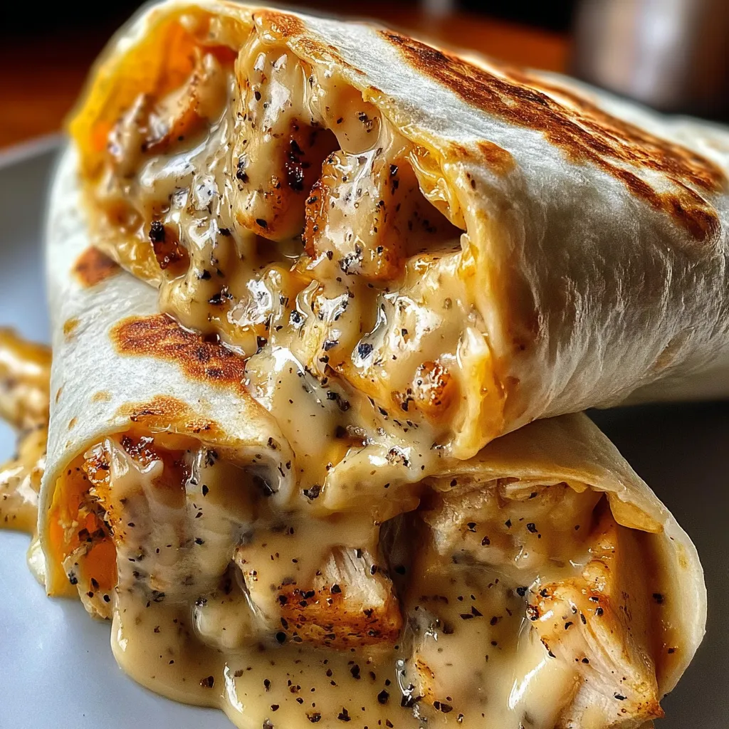 A burrito with chicken and cheese.