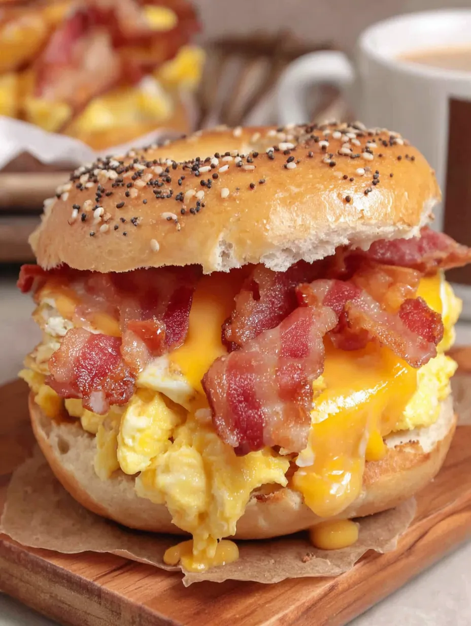 A breakfast bagel sandwich with bacon and cheese.