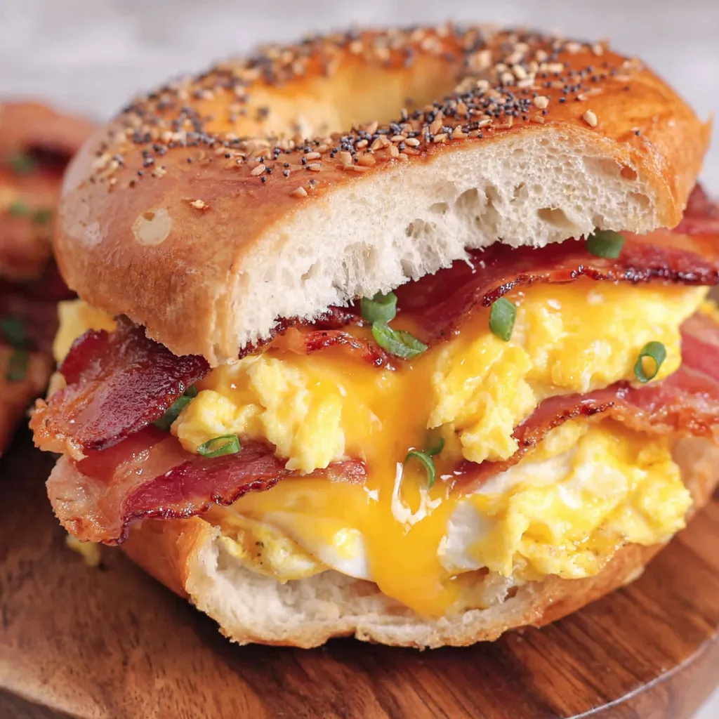 A breakfast bagel sandwich with bacon, egg, and cheese.