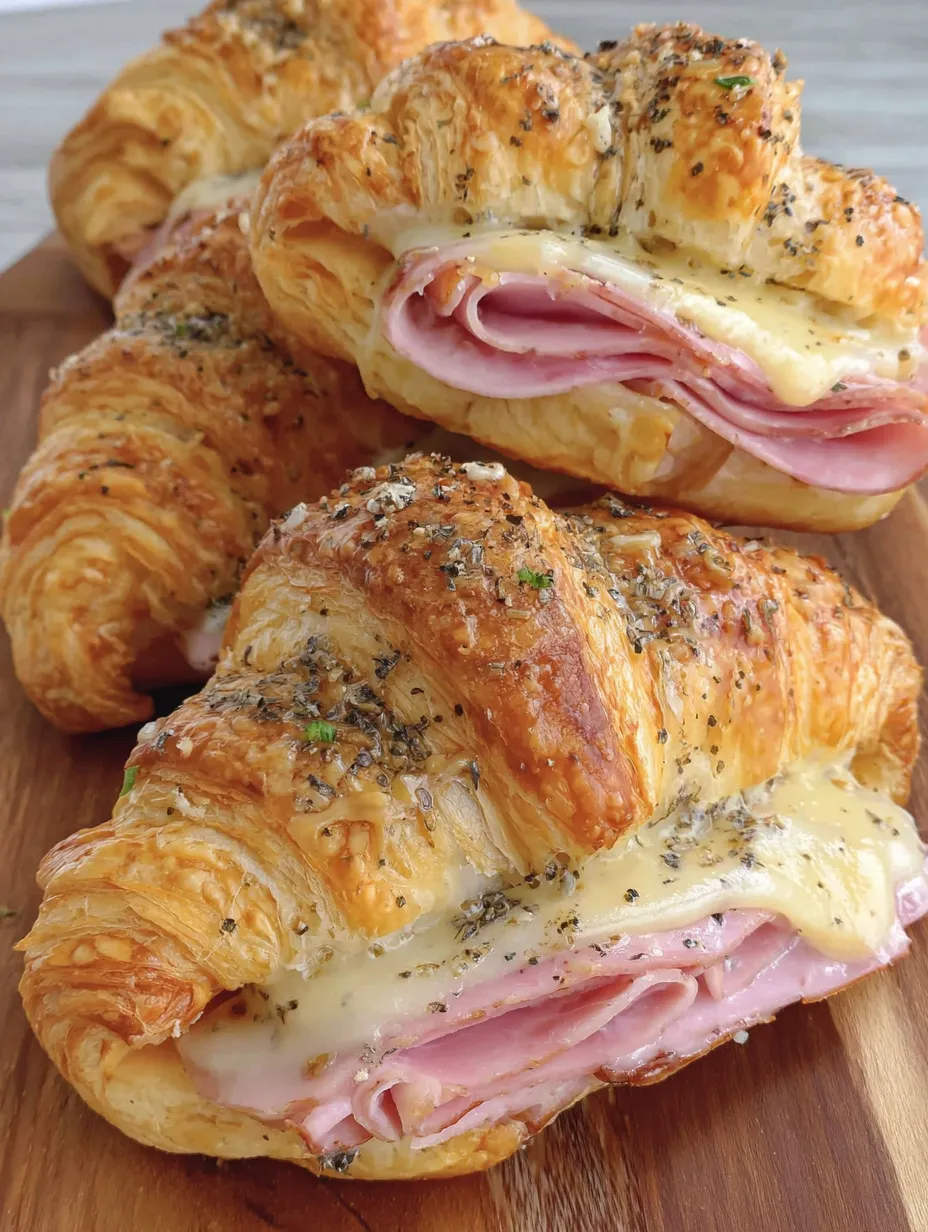 Two croissant sandwiches with ham and cheese.