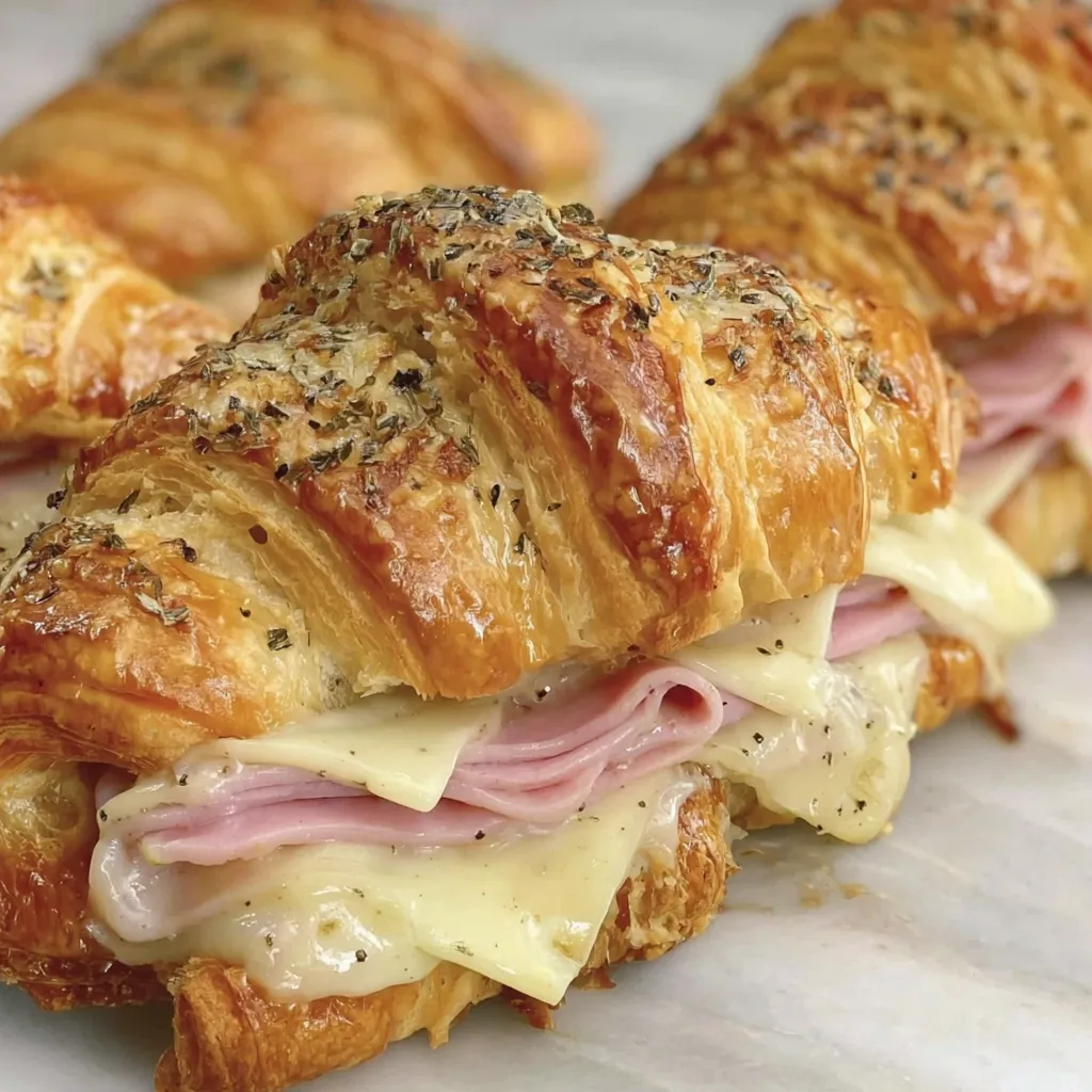 Two croissant sandwiches with ham and cheese.