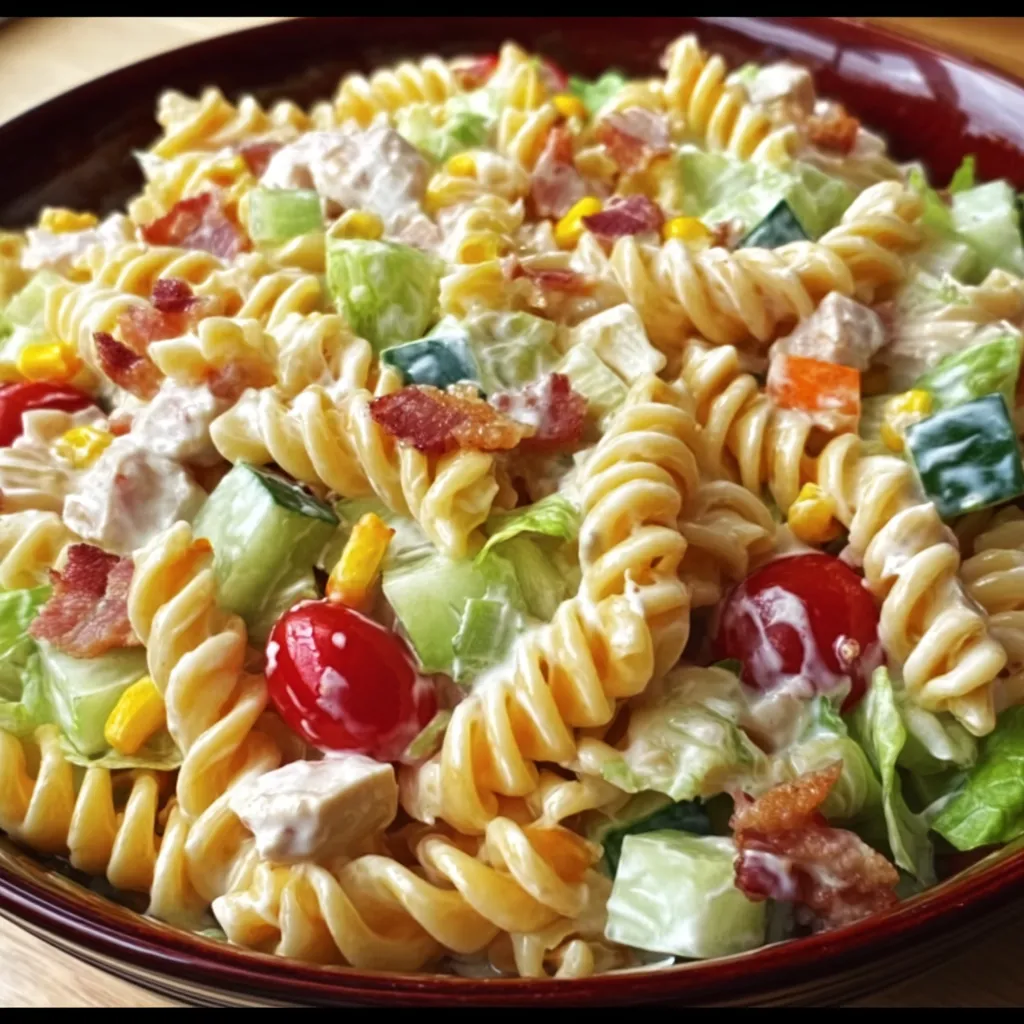 A bowl of pasta salad with tomatoes, corn, and bacon.